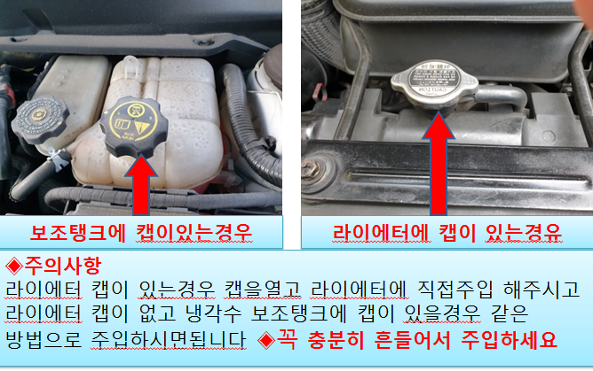 라디에이터 캡 / 보조탱크 위치별 냉각수 주입 방법 안내